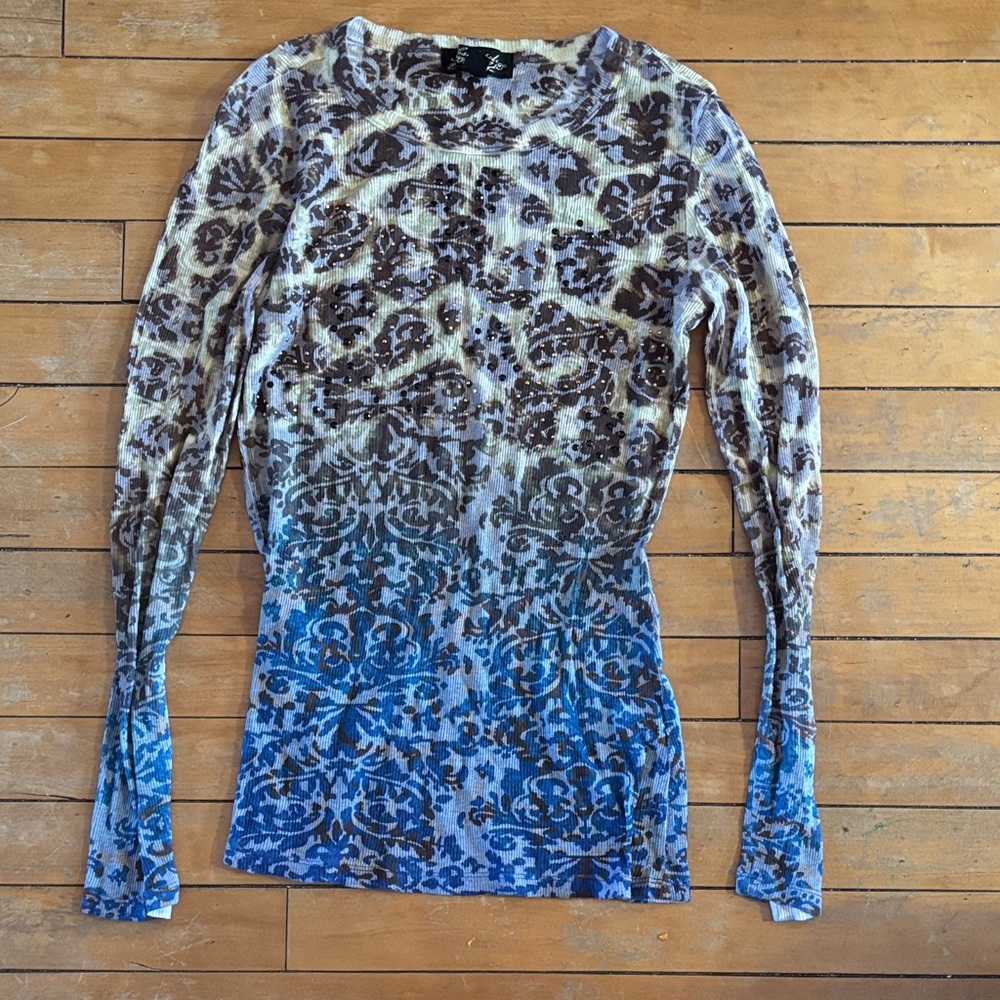 EUC Absolutely Famous Blue and Brown Long Sleeve Top